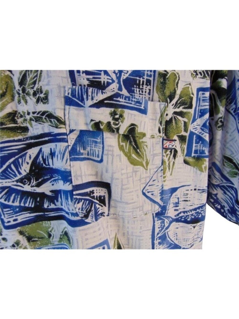 Vintage K2 Surf Mens Hawaiian Shirt L Blue White Marlin Fish Block Print Cotton - Picture 10 of 10